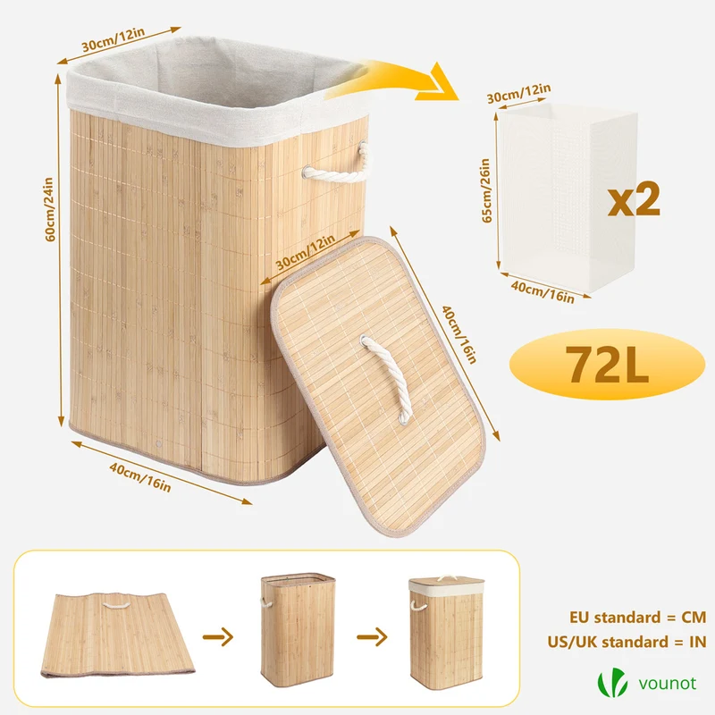 Panier a linge en bambou rectangulaire avec couvercle 72L