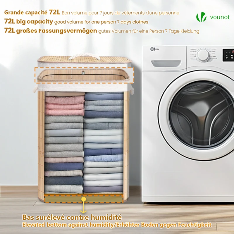 Panier a linge en bambou rectangulaire avec couvercle 72L