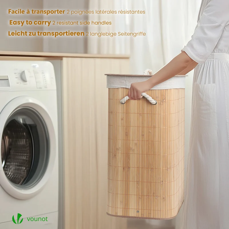 Panier a linge en bambou rectangulaire avec couvercle 72L