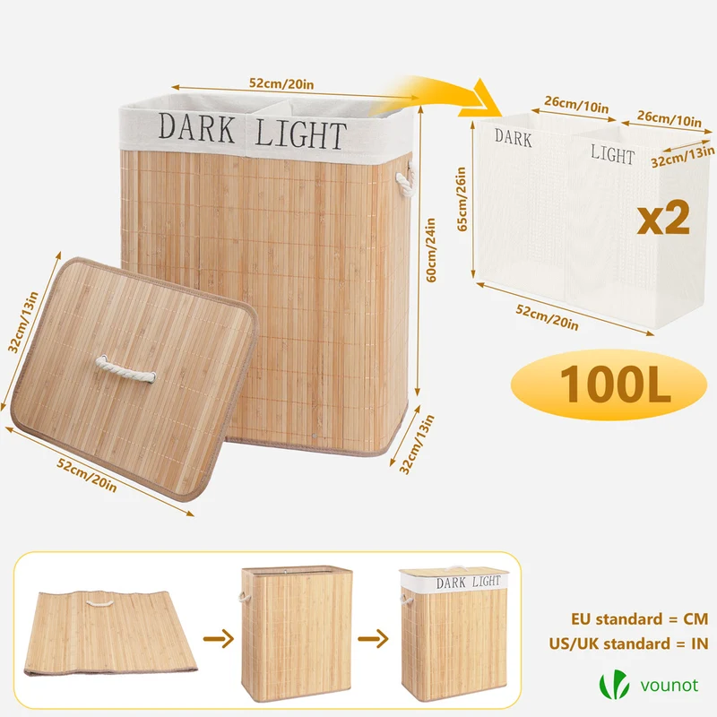 Panier a linge en bambou rectangulaire double compartiments avec couvercle 100L