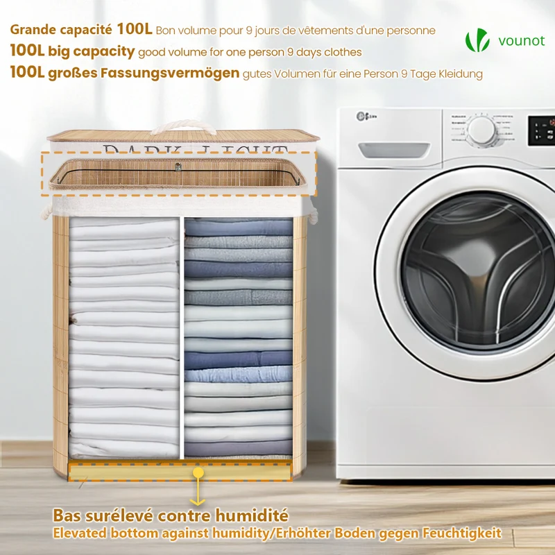 Panier a linge en bambou rectangulaire double compartiments avec couvercle 100L