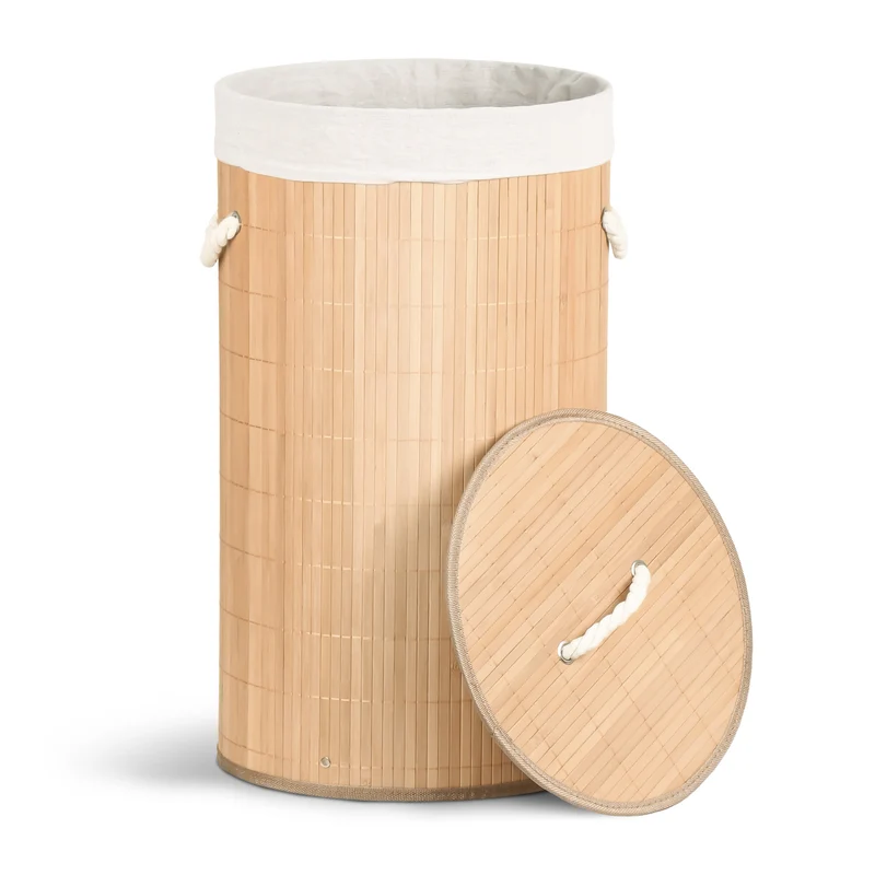 Panier a linge en bambou rond avec couvercle 58L