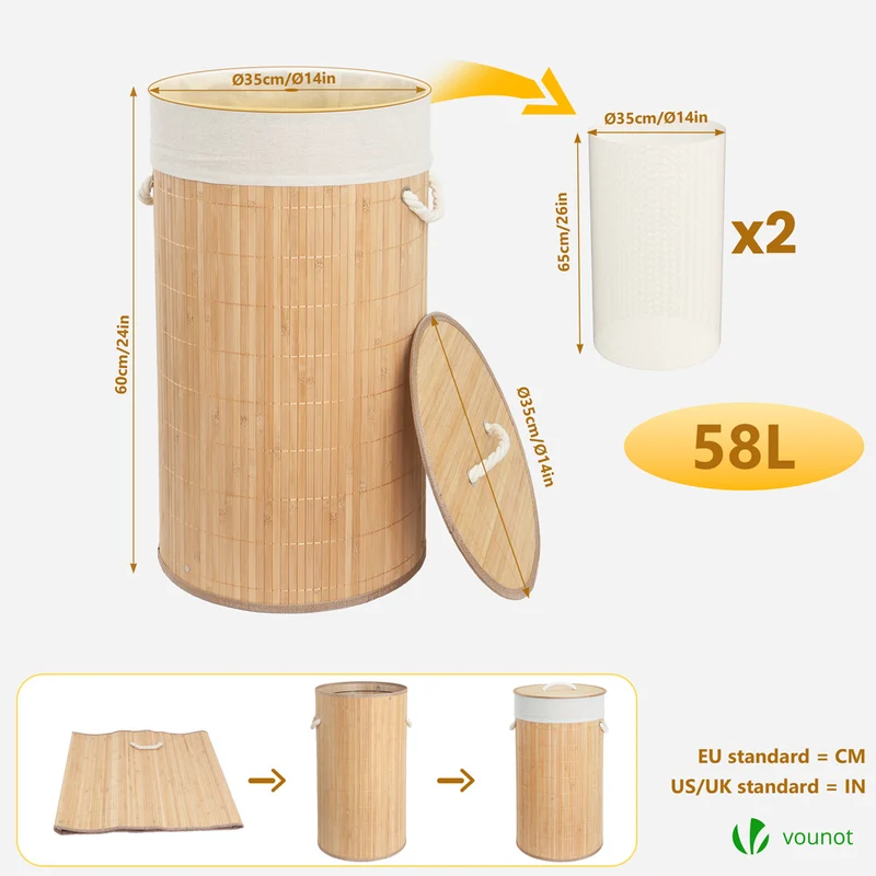 Panier a linge en bambou rond avec couvercle 58L