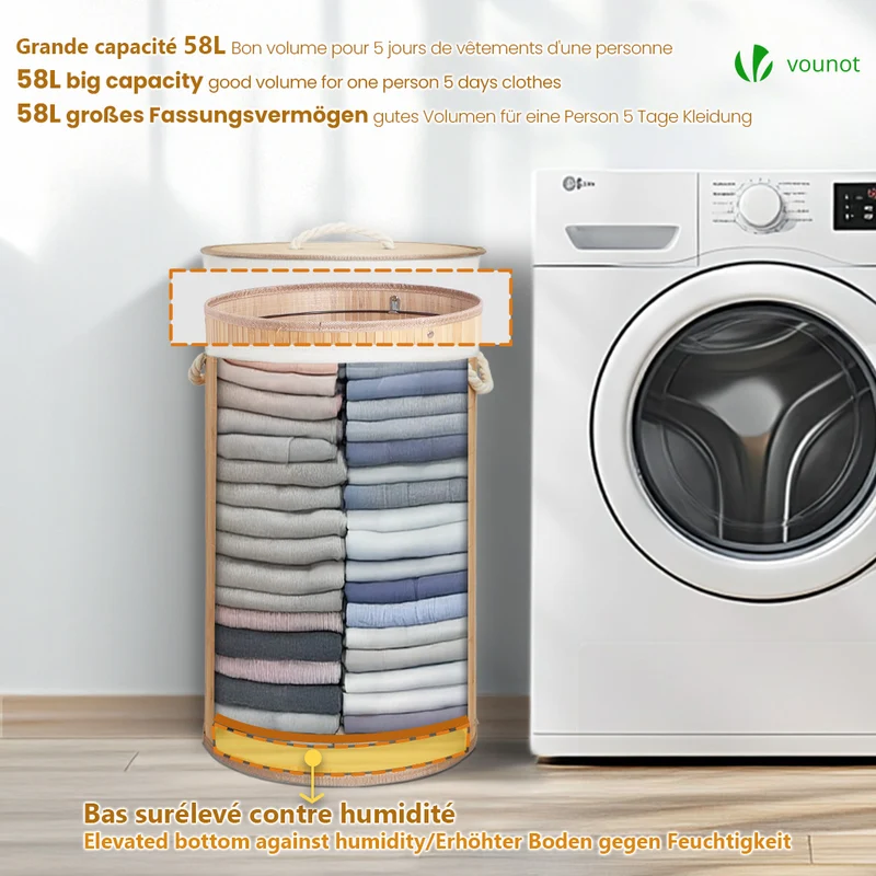 Panier a linge en bambou rond avec couvercle 58L