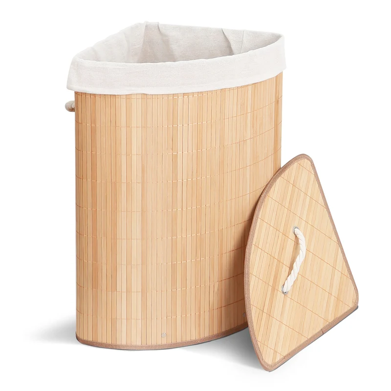 Panier a linge en bambou d’angle avec couvercle 58L