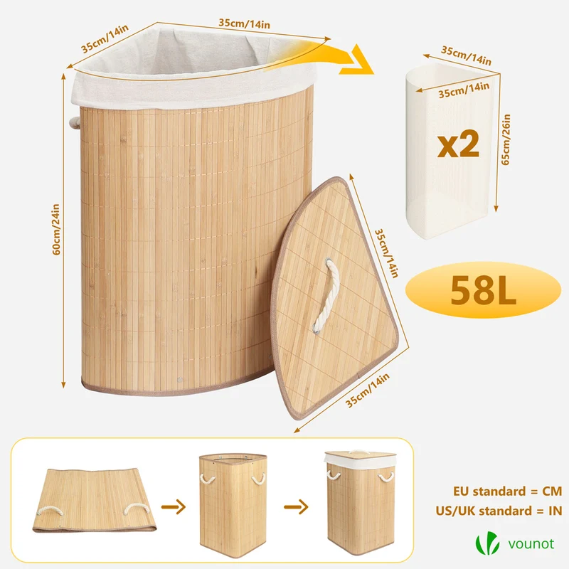 Panier a linge en bambou d’angle avec couvercle 58L