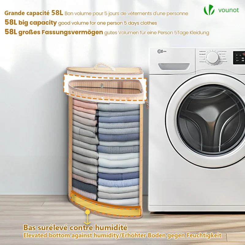 Panier a linge en bambou d’angle avec couvercle 58L
