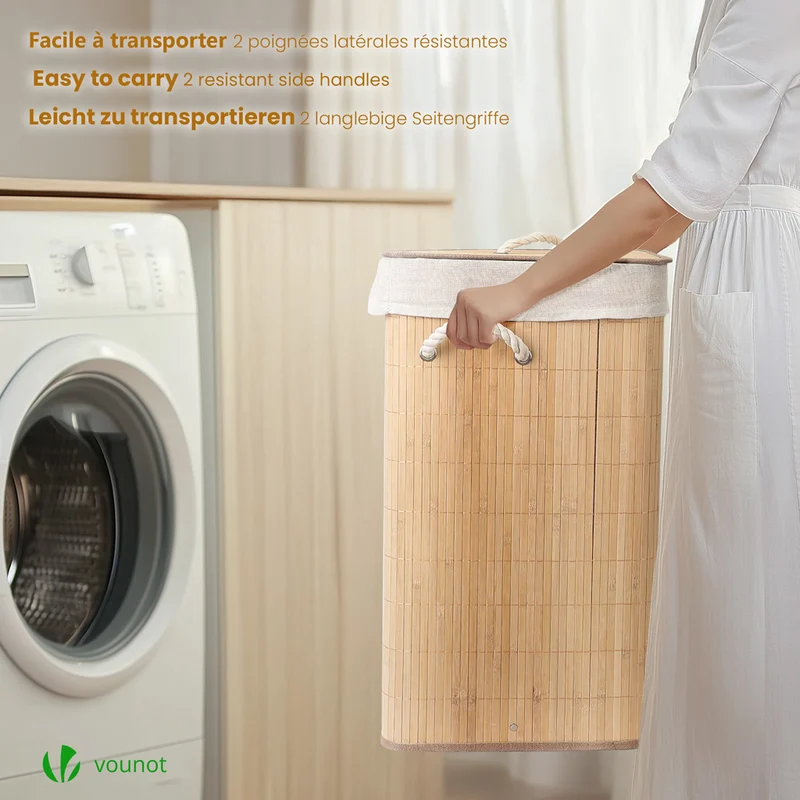 Panier a linge en bambou d’angle avec couvercle 58L