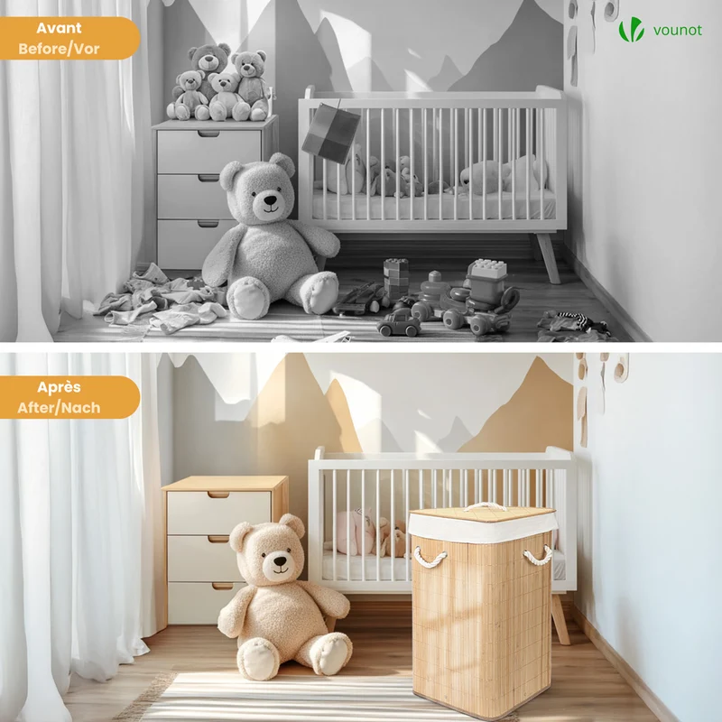 Panier a linge en bambou d’angle avec couvercle 58L