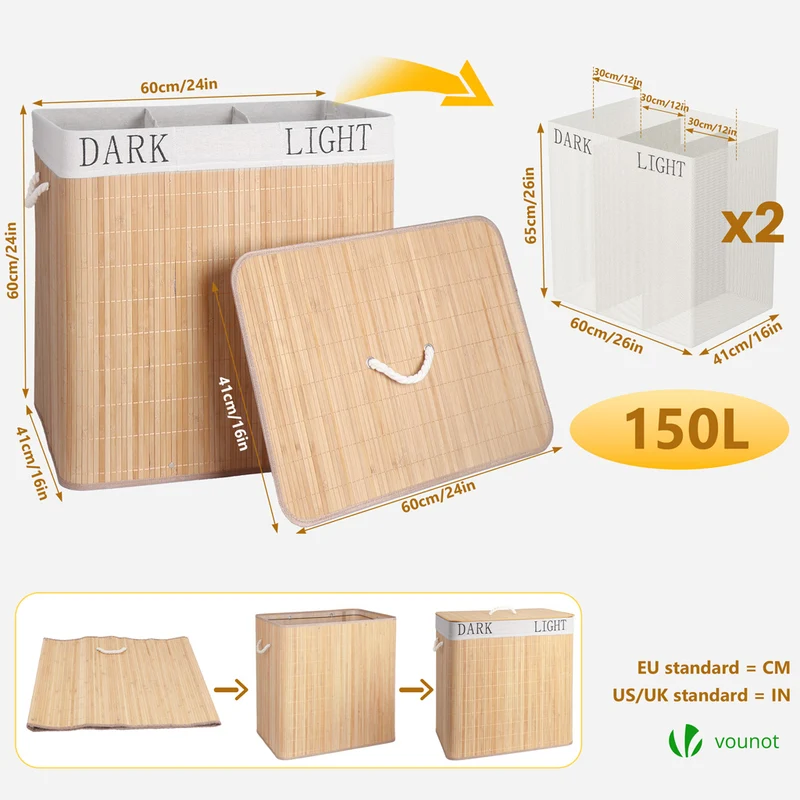 Panier a linge en bambou rectangulaire triple compartiments avec couvercle 150L