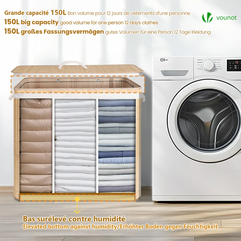 Panier a linge en bambou rectangulaire triple compartiments avec couvercle 150L