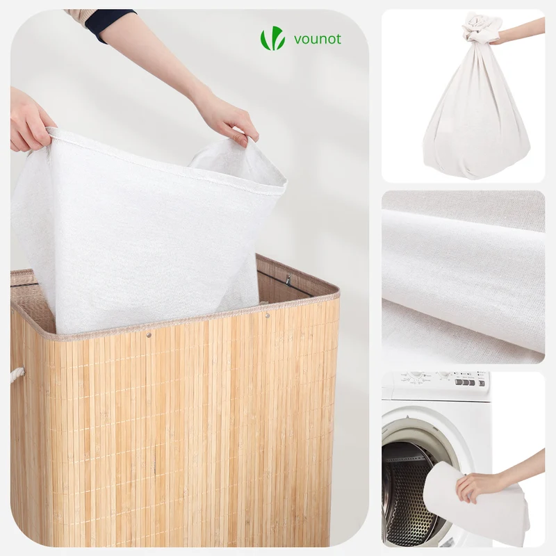 Panier a linge en bambou rectangulaire triple compartiments avec couvercle 150L