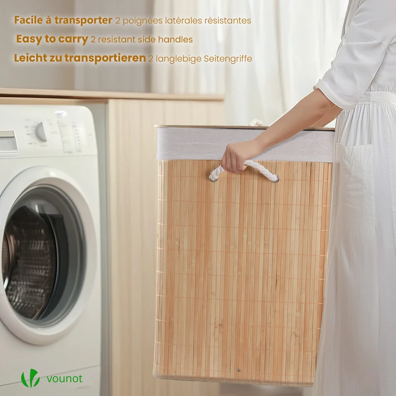 Panier a linge en bambou rectangulaire triple compartiments avec couvercle 150L