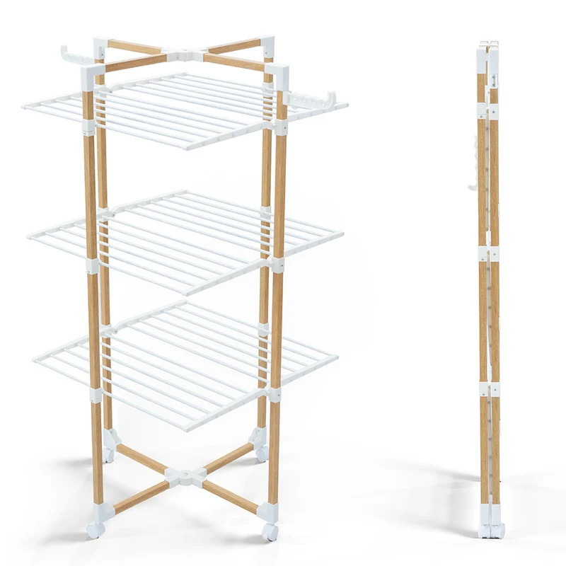 Sechoir a linge etendoir tour pliable 3 niveaux 69x69x136 cm style bois blanc