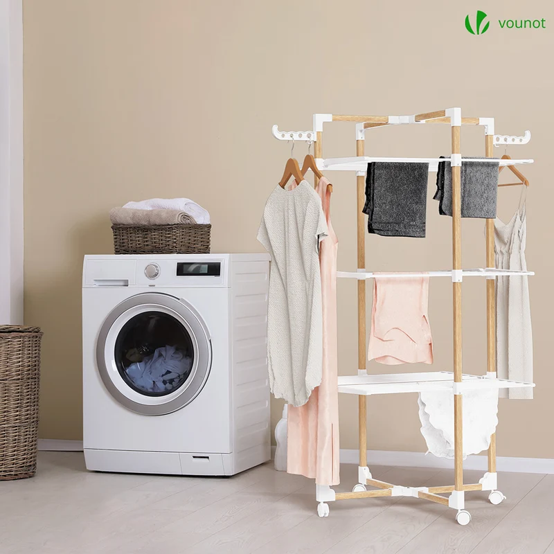 Sechoir a linge etendoir tour pliable 3 niveaux 69x69x136 cm style bois blanc