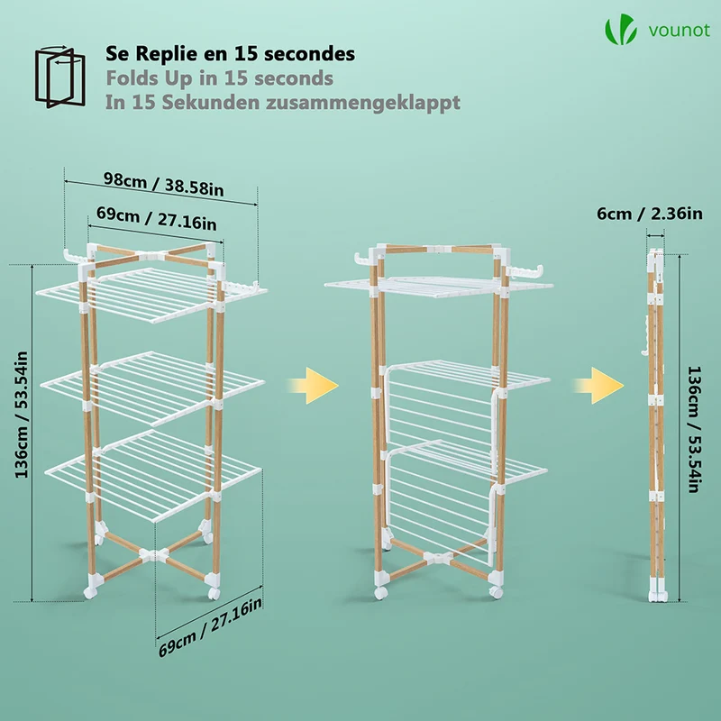 Sechoir a linge etendoir tour pliable 3 niveaux 69x69x136 cm style bois blanc