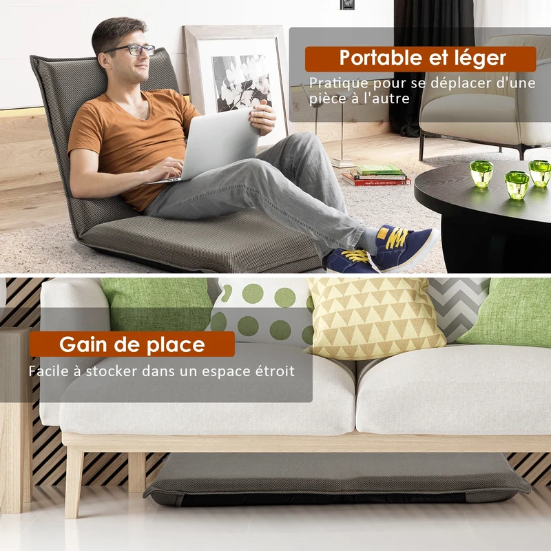 Costway - Chaise de Sol, Banquette Convertible, Pliable Tatami Inclinable en 6 Position, 44 x 54,5 x 53,5 CM, Gris