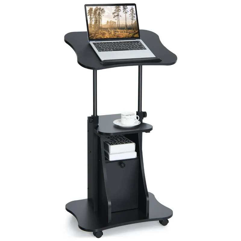 Costway - Support PC Portable, Bureau Assis Debout, Bureau Reglable Hauteur, Plateau Inclinable à 180°, Roulettes Verrouillables, Noir