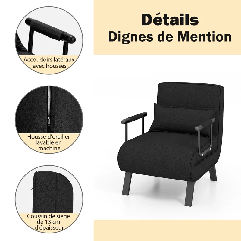 Costway - Fauteuil Convertible, Dossier Réglable en 6 Positions, Canapé Lit 1 Place, Fauteuil Confortable, Fauteuil Salon, avec Oreiller, Noir