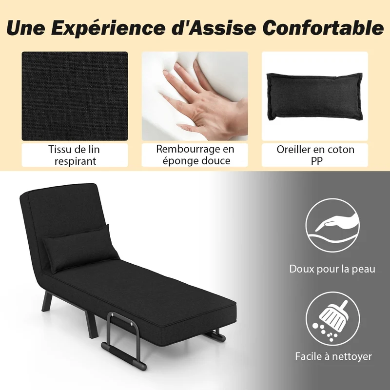 Costway - Fauteuil Convertible, Dossier Réglable en 6 Positions, Canapé Lit 1 Place, Fauteuil Confortable, Fauteuil Salon, avec Oreiller, Noir