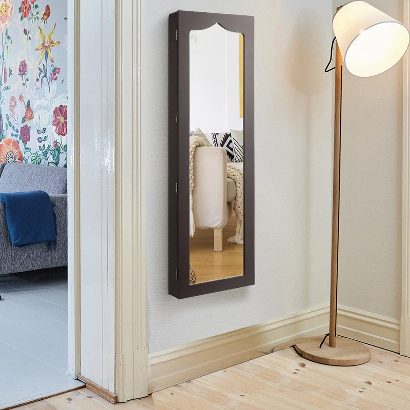 Costway - Armoire a Bijoux, Miroir Bijoux, Armoire Bijoux, Murale, LED avec Miroir 6 Tiroirs Hauteur du Crochet Ajustable, 120x36,5x11,5CM, Marron