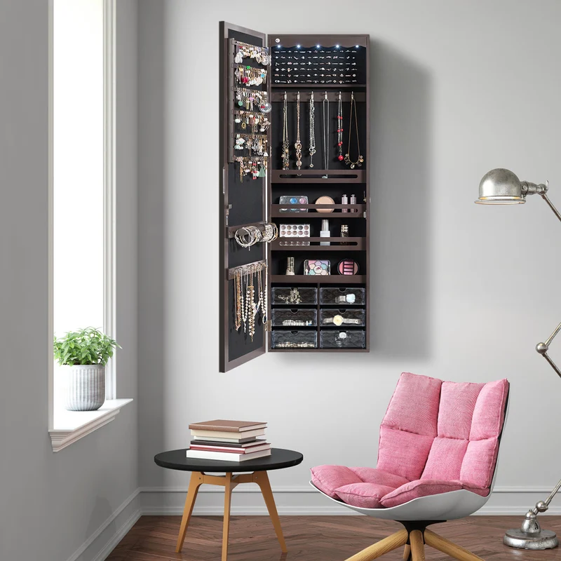 Costway - Armoire a Bijoux, Miroir Bijoux, Armoire Bijoux, Murale, LED avec Miroir 6 Tiroirs Hauteur du Crochet Ajustable, 120x36,5x11,5CM, Marron