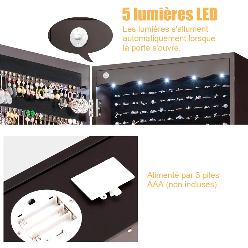 Costway - Armoire a Bijoux, Miroir Bijoux, Armoire Bijoux, Murale, LED avec Miroir 6 Tiroirs Hauteur du Crochet Ajustable, 120x36,5x11,5CM, Marron