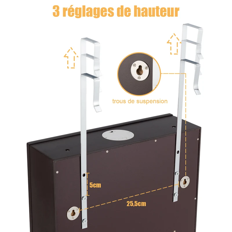 Costway - Armoire a Bijoux, Miroir Bijoux, Armoire Bijoux, Murale, LED avec Miroir 6 Tiroirs Hauteur du Crochet Ajustable, 120x36,5x11,5CM, Marron