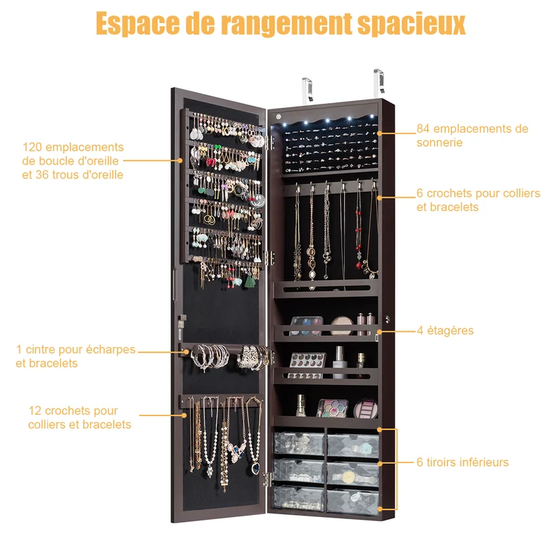 Costway - Armoire a Bijoux, Miroir Bijoux, Armoire Bijoux, Murale, LED avec Miroir 6 Tiroirs Hauteur du Crochet Ajustable, 120x36,5x11,5CM, Marron