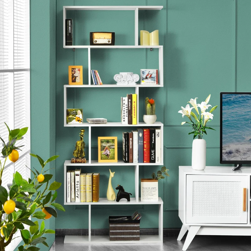 Costway - Étagère Bibliothèque, 6 Niveaux, Etagere de Rangement, Etagere Colonne, Etagere Salon, Forme de S pour Salon Chambre, Blanc