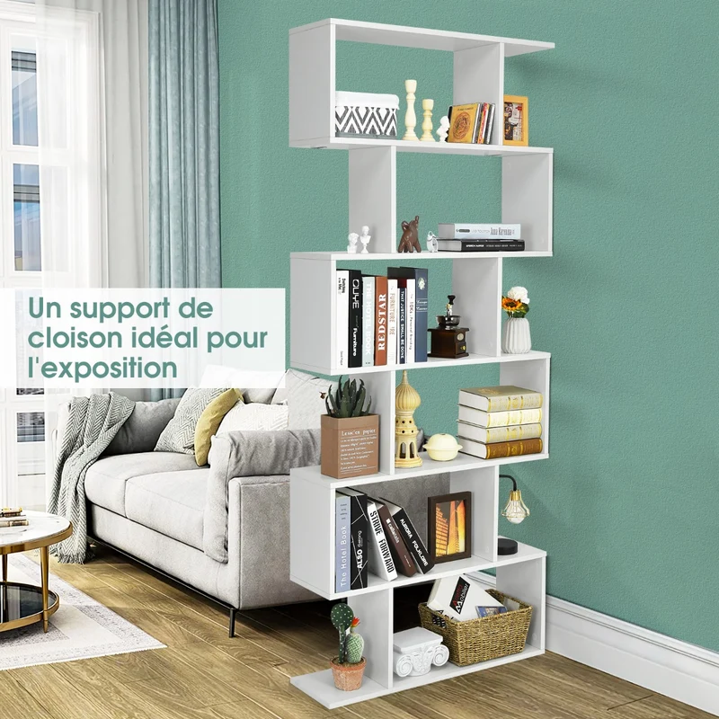 Costway - Étagère Bibliothèque, 6 Niveaux, Etagere de Rangement, Etagere Colonne, Etagere Salon, Forme de S pour Salon Chambre, Blanc