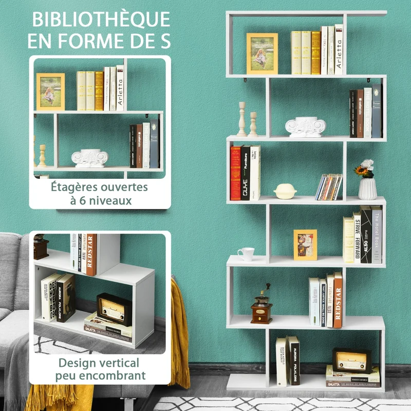 Costway - Étagère Bibliothèque, 6 Niveaux, Etagere de Rangement, Etagere Colonne, Etagere Salon, Forme de S pour Salon Chambre, Blanc