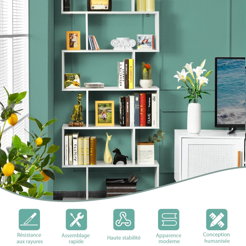 Costway - Étagère Bibliothèque, 6 Niveaux, Etagere de Rangement, Etagere Colonne, Etagere Salon, Forme de S pour Salon Chambre, Blanc