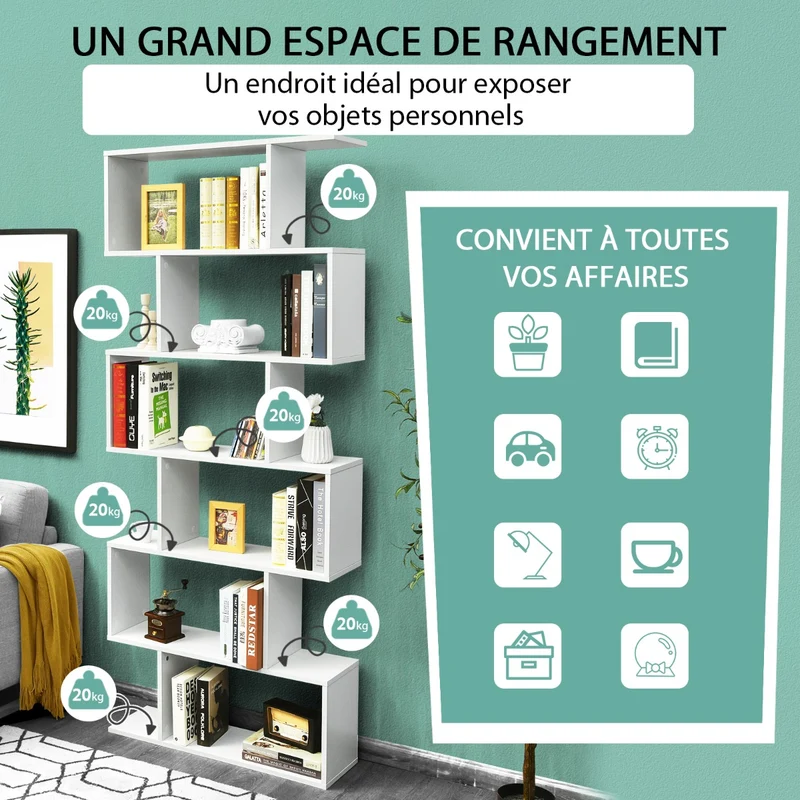 Costway - Étagère Bibliothèque, 6 Niveaux, Etagere de Rangement, Etagere Colonne, Etagere Salon, Forme de S pour Salon Chambre, Blanc