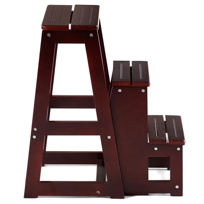 Costway – Tabouret-escabeau pliable 3 marches en bois de sapin, charge 130 kg, siège jusqu’à 150 kg, brun