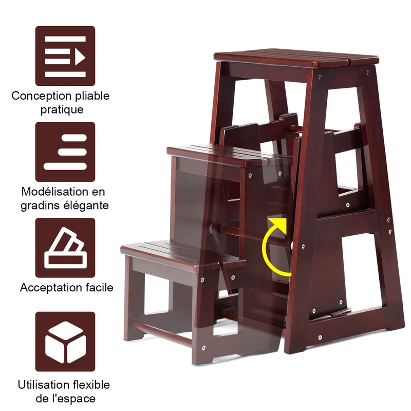 Costway – Tabouret-escabeau pliable 3 marches en bois de sapin, charge 130 kg, siège jusqu’à 150 kg, brun