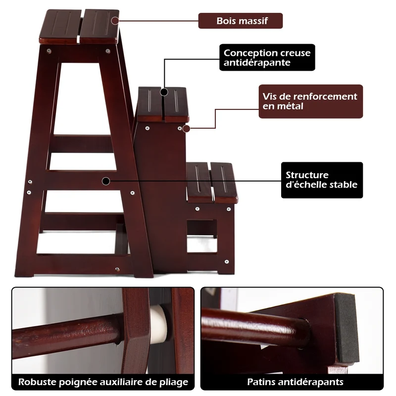 Costway – Tabouret-escabeau pliable 3 marches en bois de sapin, charge 130 kg, siège jusqu’à 150 kg, brun