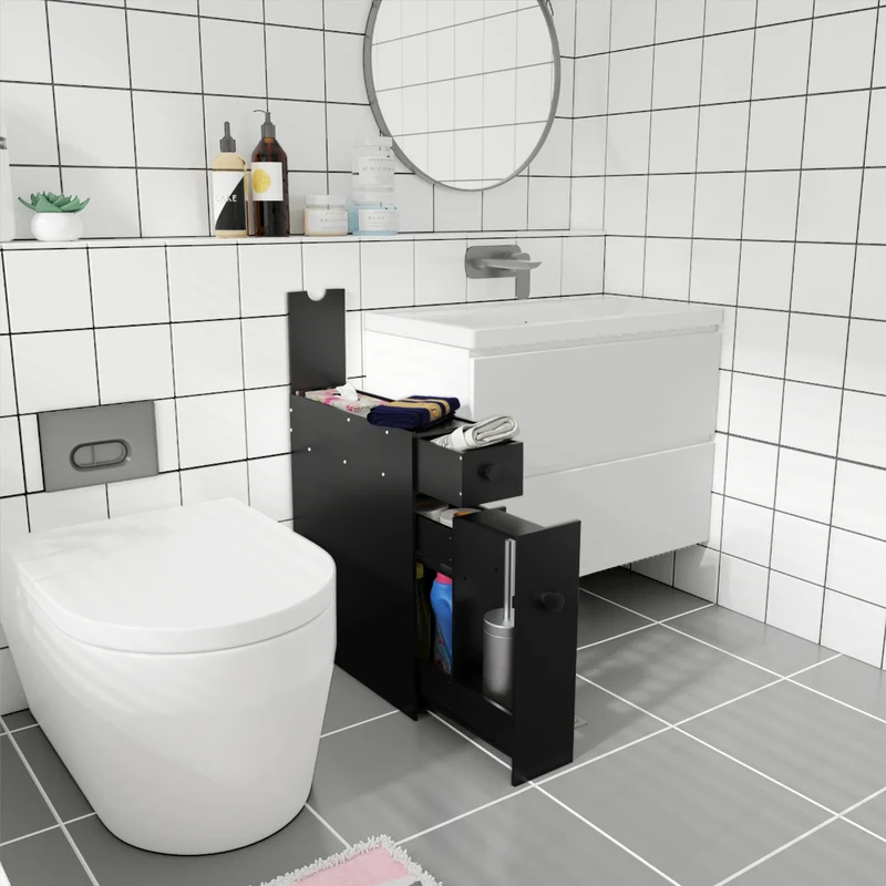 Costway - Armoire WC, Armoire salle de bain, Petit Meuble salle de bain, Armoire de toilette, avec Deux Tiroir pour Cuisine Salle de Bains, Noir