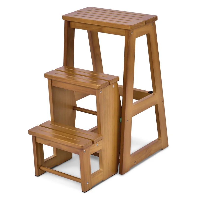 Costway – Tabouret-escabeau pliable 3 marches en bois de sapin, charge 130 kg, siège jusqu’à 150 kg