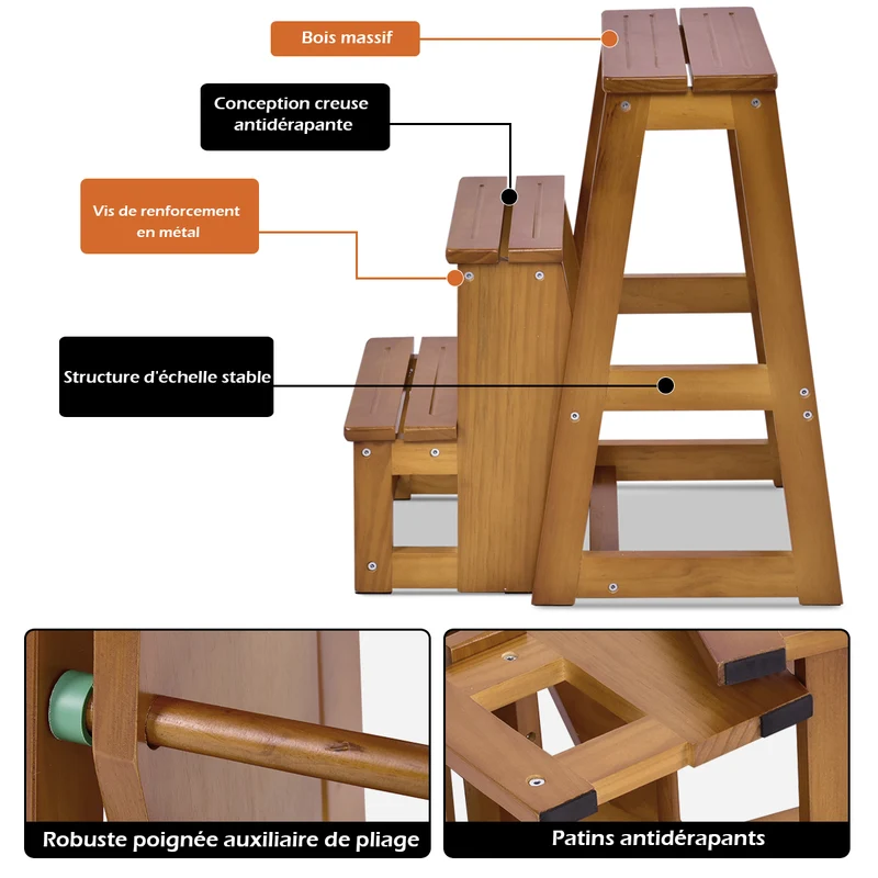 Costway – Tabouret-escabeau pliable 3 marches en bois de sapin, charge 130 kg, siège jusqu’à 150 kg
