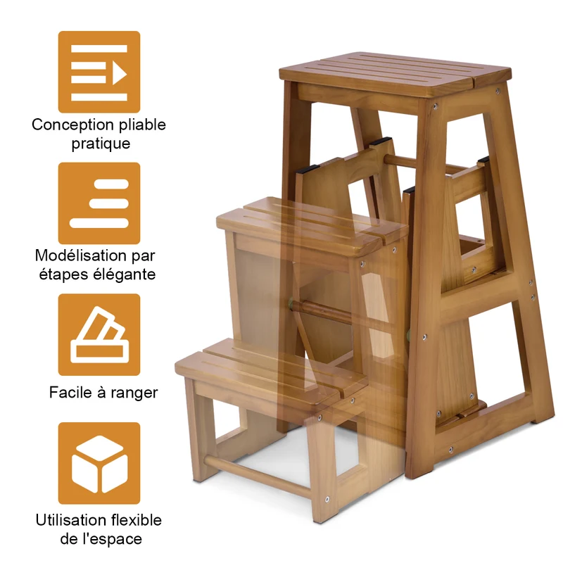 Costway – Tabouret-escabeau pliable 3 marches en bois de sapin, charge 130 kg, siège jusqu’à 150 kg