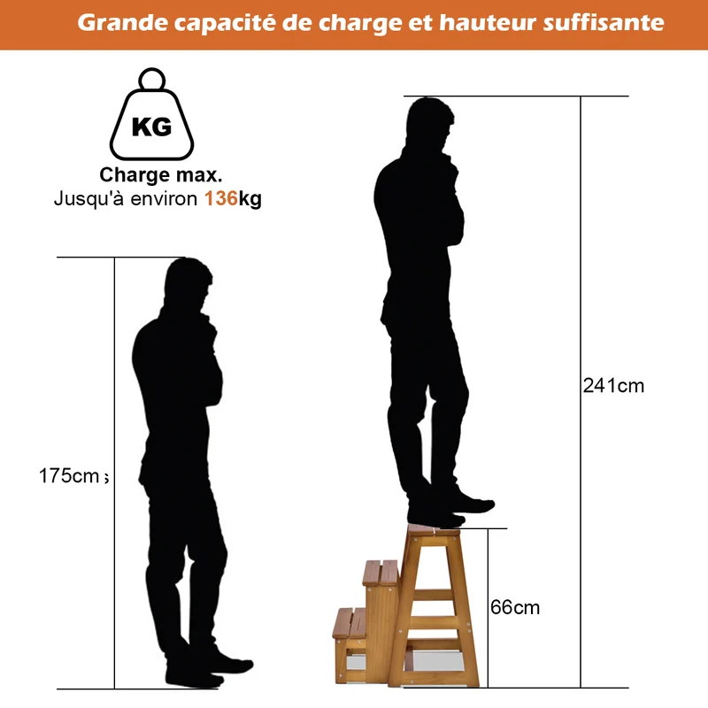 Costway – Tabouret-escabeau pliable 3 marches en bois de sapin, charge 130 kg, siège jusqu’à 150 kg