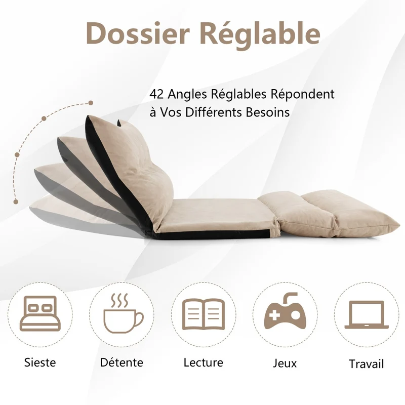 Costway - Canapé lit, Banquette convertible, Canapé lit convertible, Dossier Réglable à 42 Positions Chauffeuse, 2 Oreillers pour Salon Balcon, Beige