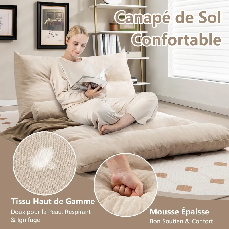Costway - Canapé lit, Banquette convertible, Canapé lit convertible, Dossier Réglable à 42 Positions Chauffeuse, 2 Oreillers pour Salon Balcon, Beige