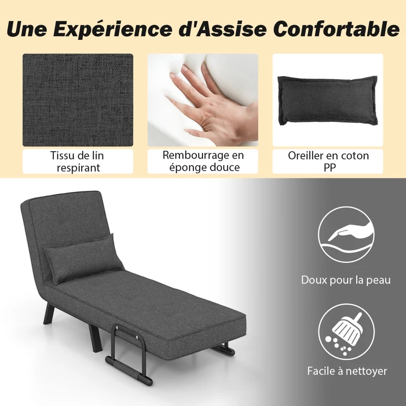 Costway - Fauteuil Convertible, Dossier Réglable en 6 Positions, Canapé Lit 1 Place, Fauteuil Confortable, Fauteuil Salon, avec Oreiller, Gris Foncé