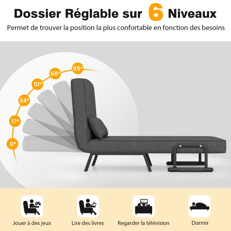 Costway - Fauteuil Convertible, Dossier Réglable en 6 Positions, Canapé Lit 1 Place, Fauteuil Confortable, Fauteuil Salon, avec Oreiller, Gris Foncé