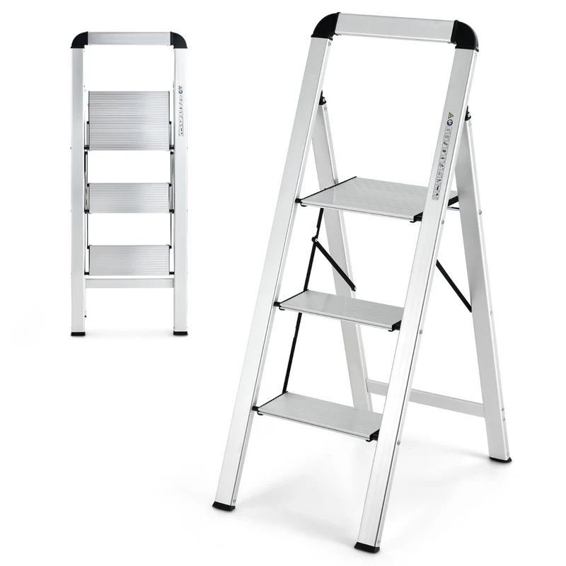 Costway - Escabeau, Escabeau 3 Marches Action, Escabeau Pliable, en Aluminium, Plateforme Large, Marche Antidérapante Pieds en Caoutchouc Charge 150KG