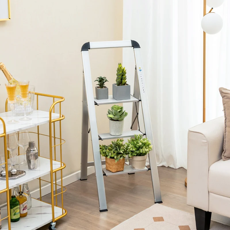 Costway - Escabeau, Escabeau 3 Marches Action, Escabeau Pliable, en Aluminium, Plateforme Large, Marche Antidérapante Pieds en Caoutchouc Charge 150KG