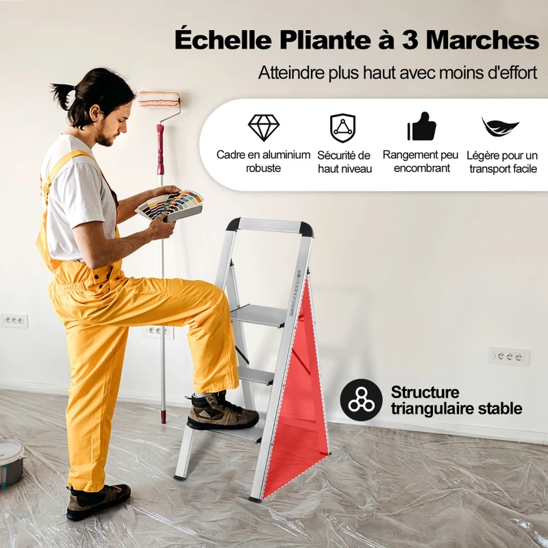 Costway - Escabeau, Escabeau 3 Marches Action, Escabeau Pliable, en Aluminium, Plateforme Large, Marche Antidérapante Pieds en Caoutchouc Charge 150KG