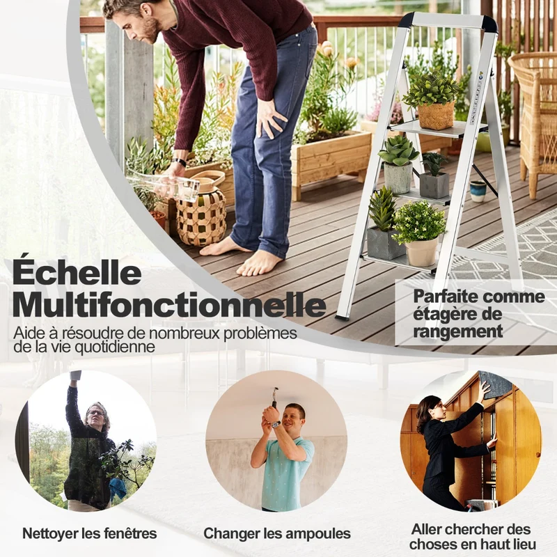 Costway - Escabeau, Escabeau 3 Marches Action, Escabeau Pliable, en Aluminium, Plateforme Large, Marche Antidérapante Pieds en Caoutchouc Charge 150KG